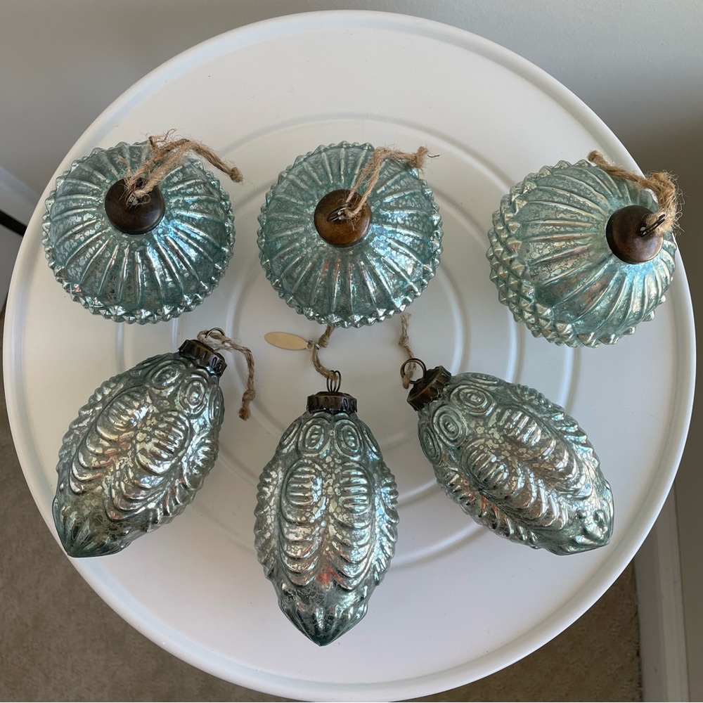 Beautiful aqua blue faux mercury glass antique-style ornaments, group of six